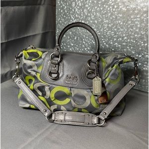 COACH Sabrina OP Art Lime Green
Gray Sateen Leather Satchel